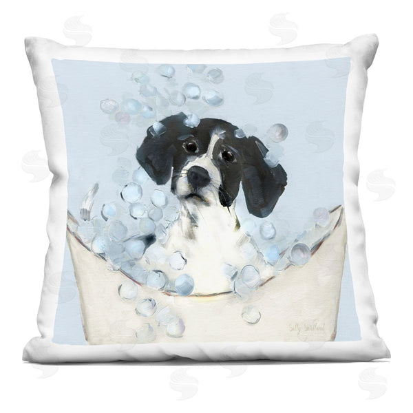 stupell industries Sally Swatland | Black & White Puppy in Tub Printed Throw Pillow