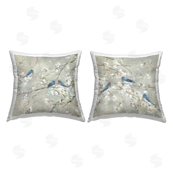 stupell industries Sally Swatland | Blue Birds Perched Tree Blossoms Spring Scene Printed Throw Pillow Set