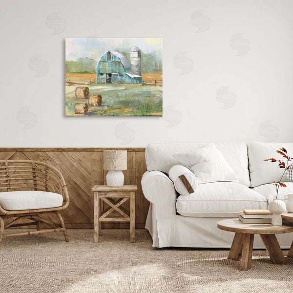 Stupell Industries Sally Swatland | Contemporary Blue Farm Barn Hay Bails Empty Field Wall Art