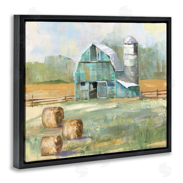 Stupell Industries Sally Swatland | Contemporary Blue Farm Barn Hay Bails Empty Field Wall Art