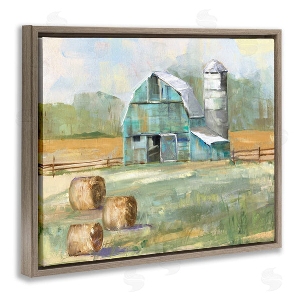Stupell Industries Sally Swatland | Contemporary Blue Farm Barn Hay Bails Empty Field Wall Art