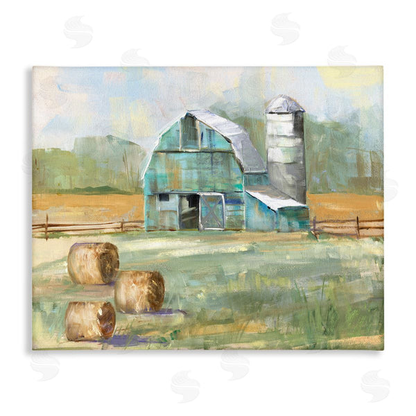 stupell industries Sally Swatland | Contemporary Blue Farm Barn Hay Bails Empty Field Wall Art