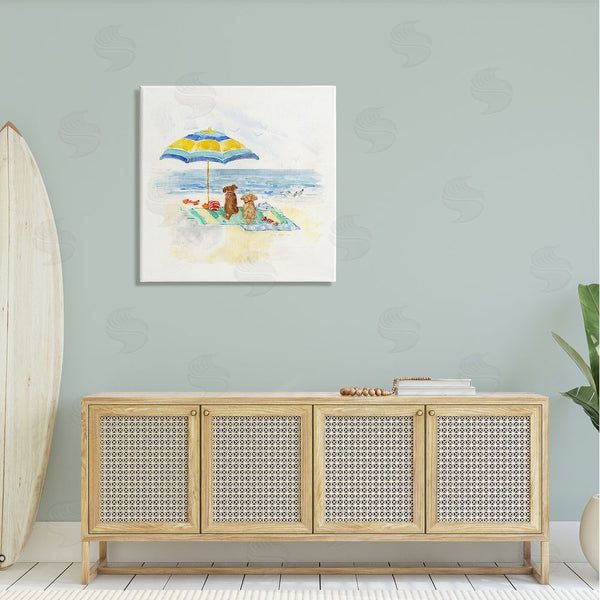 Stupell Industries Sally Swatland | Cute Playful Dogs Relaxing Beach Umbrella Shoreline Painting Wall Art
