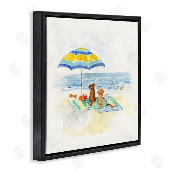 Stupell Industries Sally Swatland | Cute Playful Dogs Relaxing Beach Umbrella Shoreline Painting Wall Art
