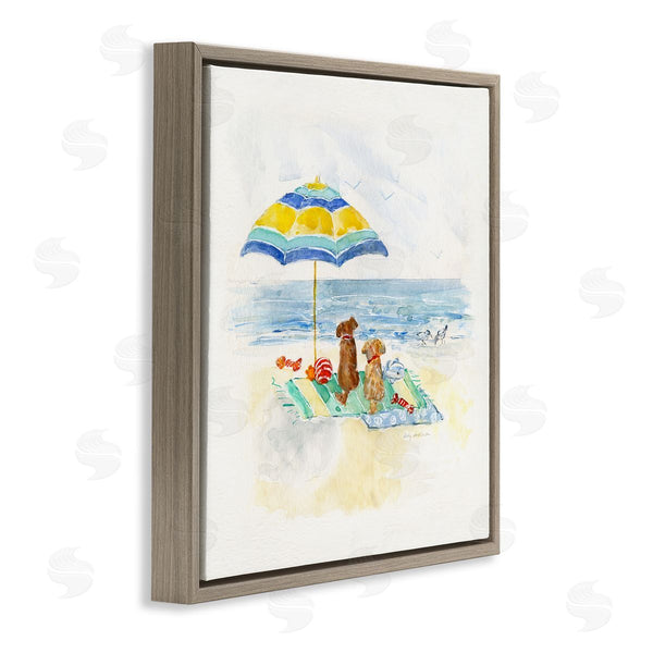 Stupell Industries Sally Swatland | Cute Playful Dogs Relaxing Beach Umbrella Shoreline Painting Wall Art