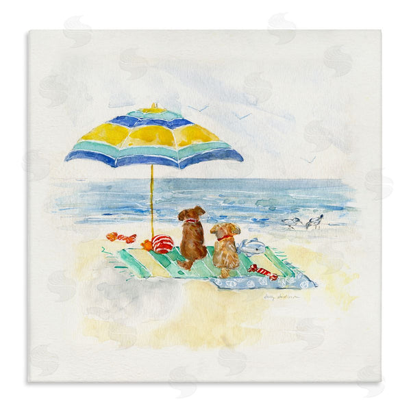 stupell industries Sally Swatland | Cute Playful Dogs Relaxing Beach Umbrella Shoreline Painting Wall Art