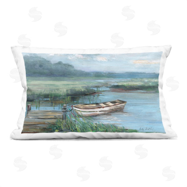 stupell industries Sally Swatland | Docked Rowboat at Lake's Edge Printed Throw Pillow