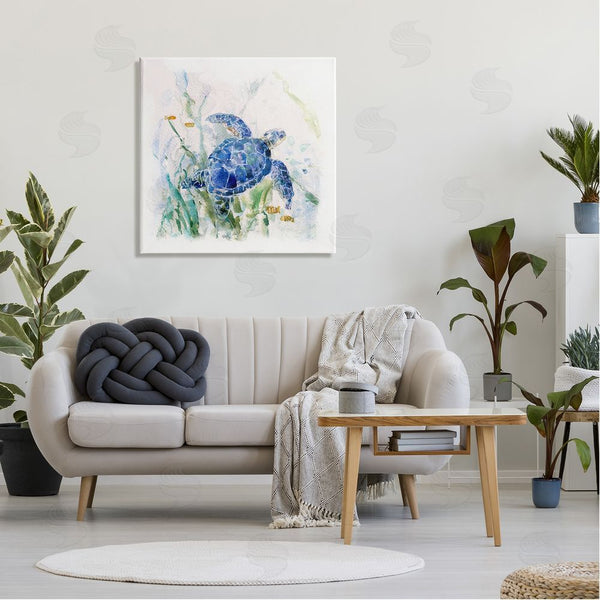 Stupell Industries Sally Swatland | Pleasant Aquatic Blue Sea Turtle Swimming Ocean Plants Wall Art