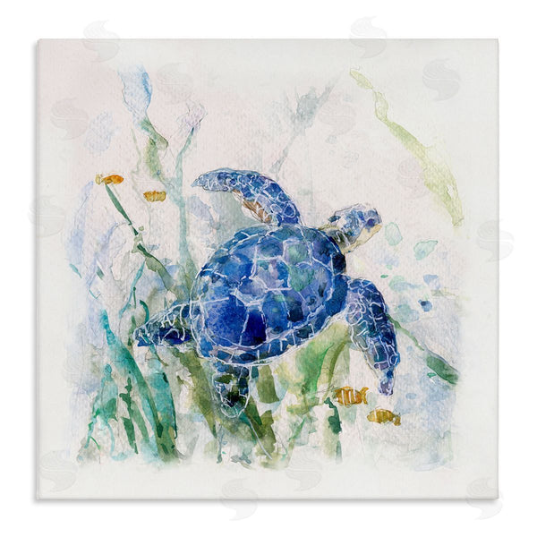 stupell industries Sally Swatland | Pleasant Aquatic Blue Sea Turtle Swimming Ocean Plants Wall Art