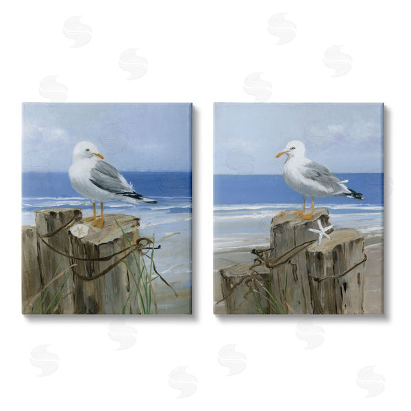 stupell industries Sally Swatland | Seagulls Beach Shore Wooden Pillars Wall Art