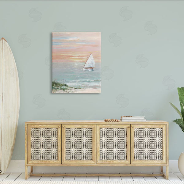 Stupell Industries Sally Swatland | Traditional Summer Sunset Sailboat Landscape Contemporary Pink Sky Wall Art
