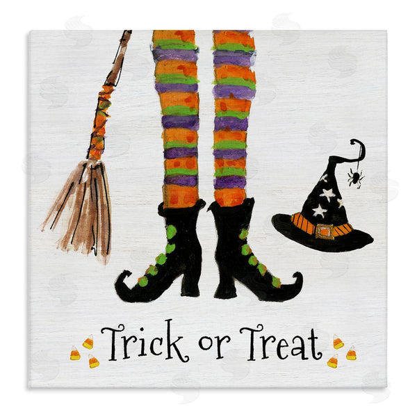 stupell industries Sally Swatland | Trick Or Treat Phrase Whimsical Striped Witch Socks Wall Art