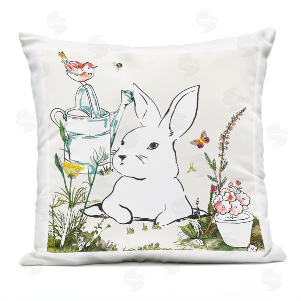 Stupell Industries Sangita Bachelet | Curious Bunny Rabbit Floral Bird Perched Printed Throw Pillow