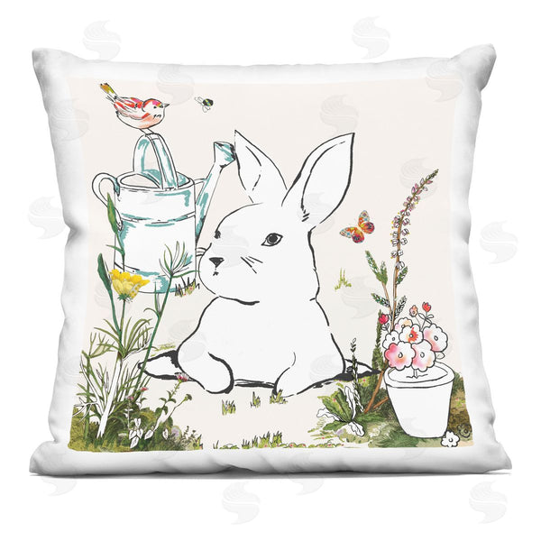 stupell industries Sangita Bachelet | Curious Bunny Rabbit Floral Bird Perched Printed Throw Pillow
