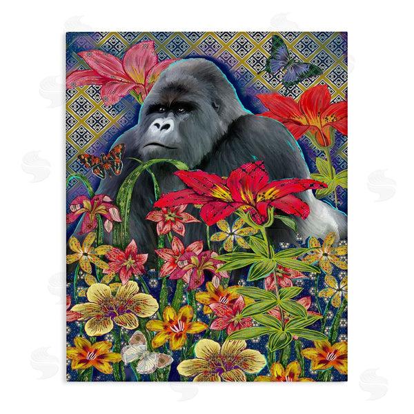 stupell industries Sangita Bachelet | Gorilla Standing Behind Tropical Florals Geometric Pattern