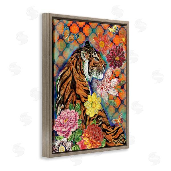 Stupell Industries Sangita Bachelet | Jungle Tiger Cat Over Orange Arabesque Floral Pattern