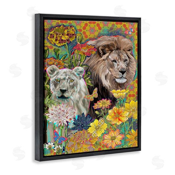 Stupell Industries Sangita Bachelet | Lion Couple Behind Tropical Florals Arabesque Pattern