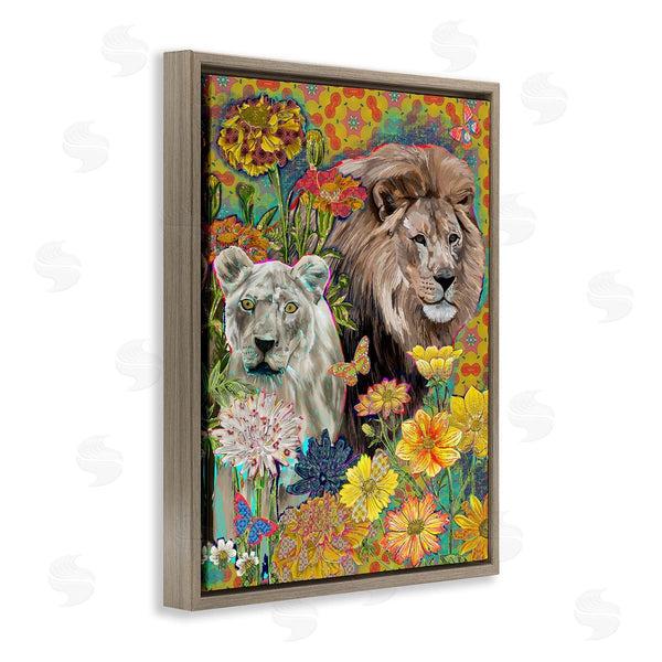 Stupell Industries Sangita Bachelet | Lion Couple Behind Tropical Florals Arabesque Pattern
