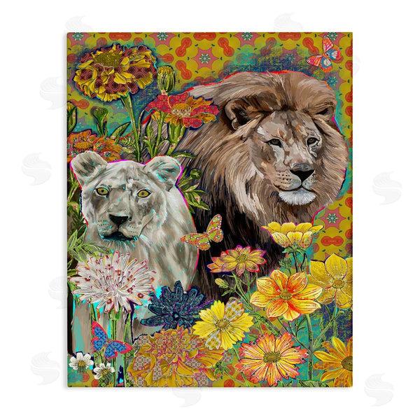 stupell industries Sangita Bachelet | Lion Couple Behind Tropical Florals Arabesque Pattern