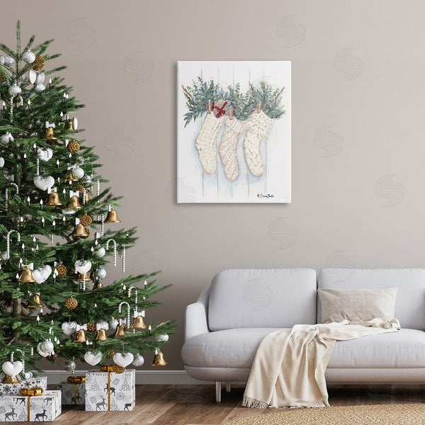 Stupell Industries Sara Baker | Hanging White Knit Stockings Festive Holly Detail Wall Art