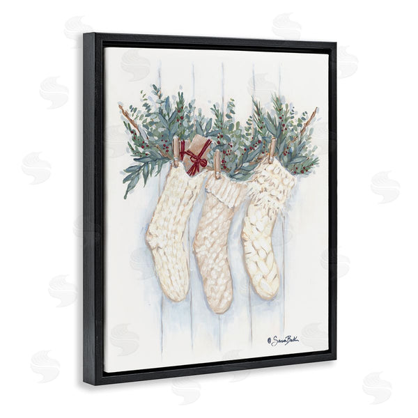 Stupell Industries Sara Baker | Hanging White Knit Stockings Festive Holly Detail Wall Art