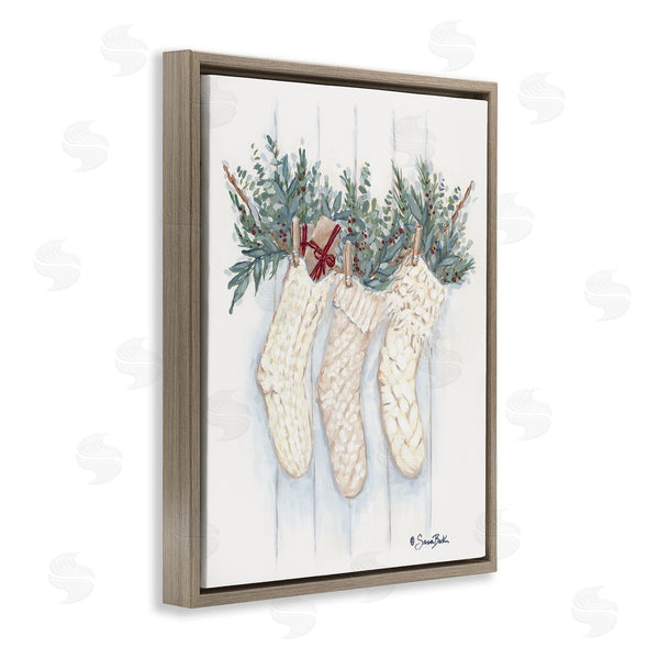 Stupell Industries Sara Baker | Hanging White Knit Stockings Festive Holly Detail Wall Art