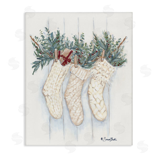 stupell industries Sara Baker | Hanging White Knit Stockings Festive Holly Detail Wall Art