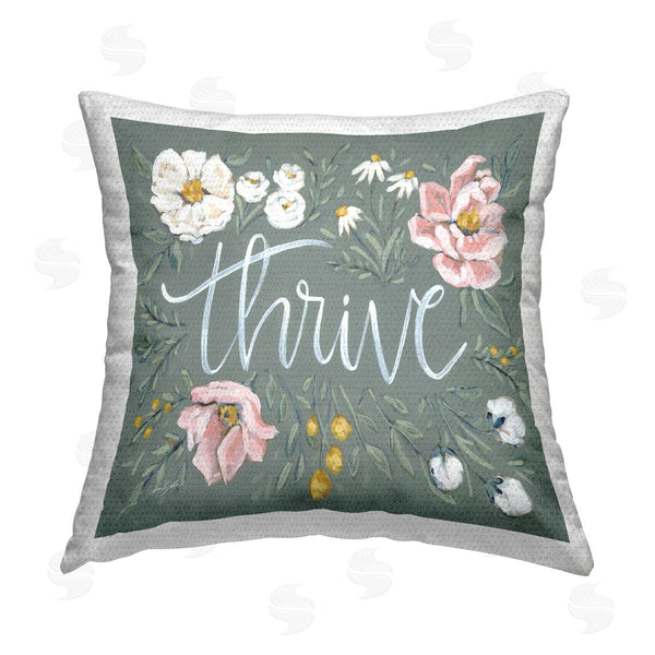 Stupell Industries Sara Baker | Thrive Green Floral Phrase Printed Throw Pillow