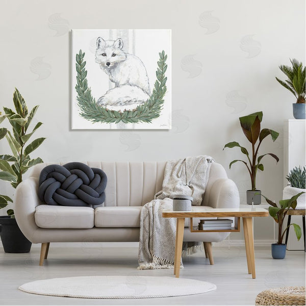 Stupell Industries Sara Baker | White Arctic Fox Stripes Botanical Laurel Border Wall Art