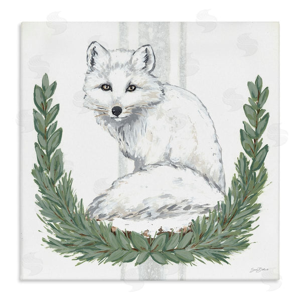 stupell industries Sara Baker | White Arctic Fox Stripes Botanical Laurel Border Wall Art
