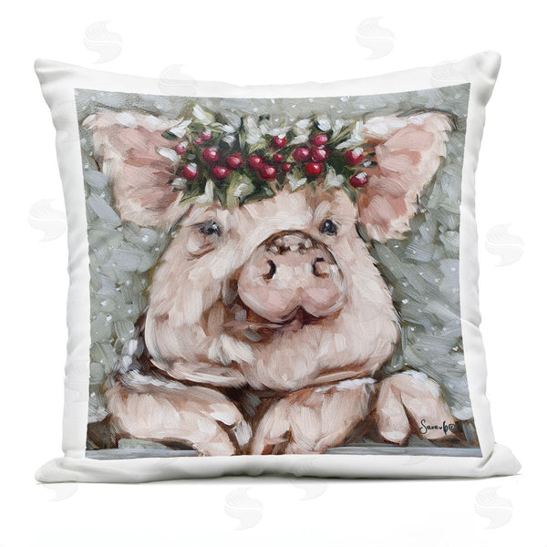 Stupell Industries Sara G. Designs | Festive Piglet Winter Holly Berries Printed Throw Pillow