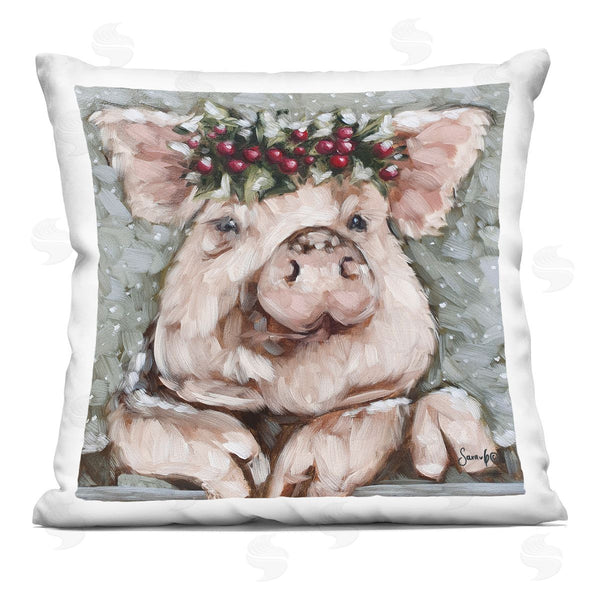 stupell industries Sara G. Designs | Festive Piglet Winter Holly Berries Printed Throw Pillow