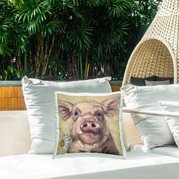 Stupell Industries Sara G. Designs | Pig Holding Daisy Sprig Printed Throw Pillow