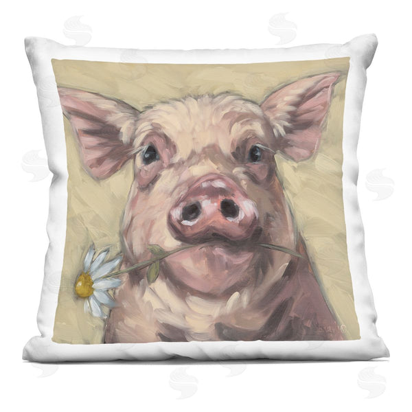 stupell industries Sara G. Designs | Pig Holding Daisy Sprig Printed Throw Pillow