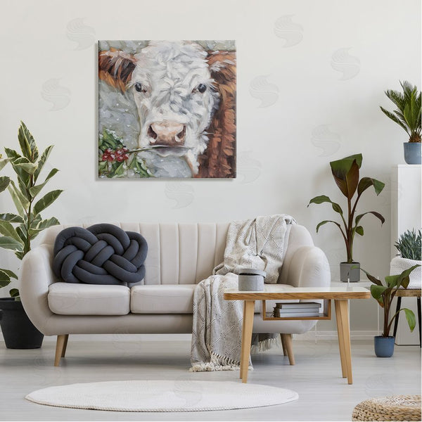 Stupell Industries Sara G. Designs | Snowy Winter Cow Holly Berries Wall Art