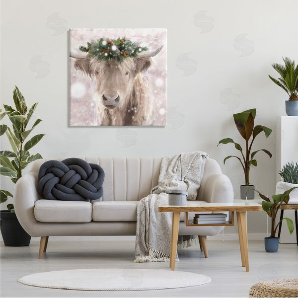 Stupell Industries Sarah Butcher | Winter Holiday Crown Cattle Abstract Pink Glimmer Pattern Wall Art