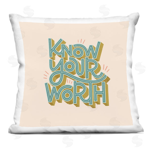 stupell industries Sarah Hickman | Know Your Worth Green on Beige Printed Throw Pillow