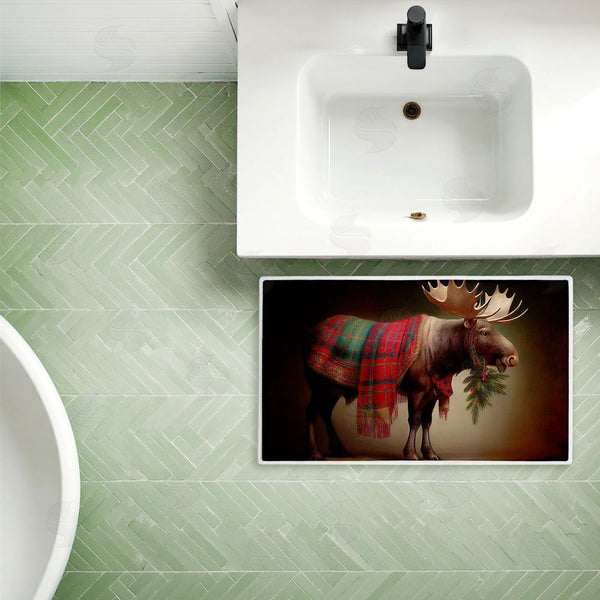 Stupell Industries Sasha | Festive Moose With Plaid & Fir Plush Bath Mat