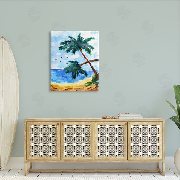Stupell Industries Sebastian Grafmann | Tropical Beach Palms Birds Flying Wall Art