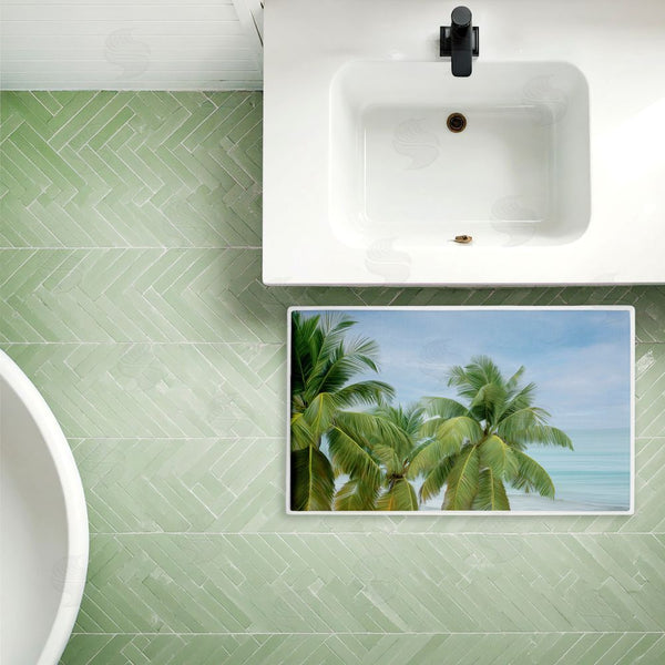 Stupell Industries Seven Trees Design | Tropical Palms Overlooking Ocean Plush Bath Mat