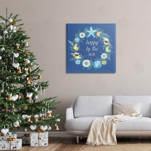 Stupell Industries Sharon Lee | Happy By The Sea Calligraphy Aquatic Shells Wreath Wall Art