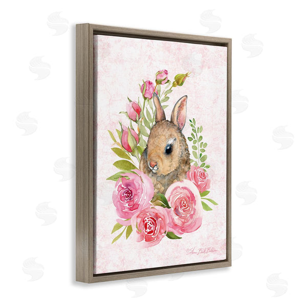 Stupell Industries Sherri Buck Baldwin | Cute Bunny Rabbit Pink Blooming Rose Flowers Wall Art