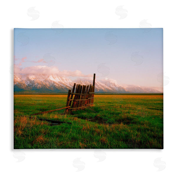 stupell industries Sol Rapson | Ranch Fence Grasslands Mountain Range Clear Sky Sunrise Wall Art
