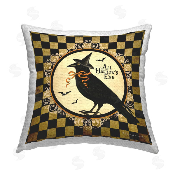 Stupell Industries Stephanie Workman Marrott | Checkered All Hallow's Eve Crow Printed Throw Pillow