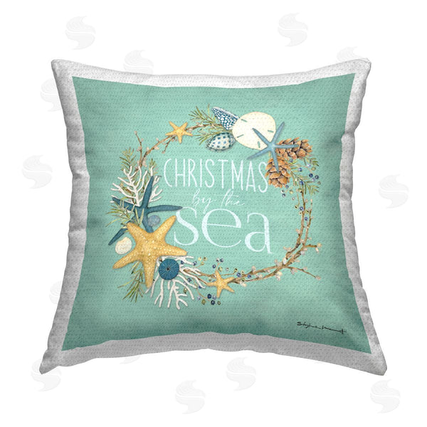 Stupell Industries Stephanie Workman Marrott | Christmas By The Sea Holiday Wreath Printed Throw Pillow