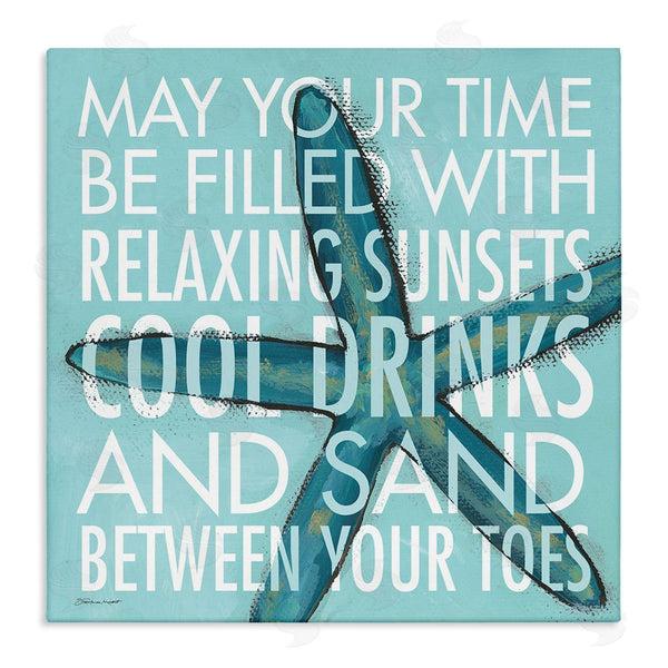 stupell industries Stephanie Workman Marrott | Sunsets Cool Drinks Sand Beach Phrase Blue Starfish Wall Art