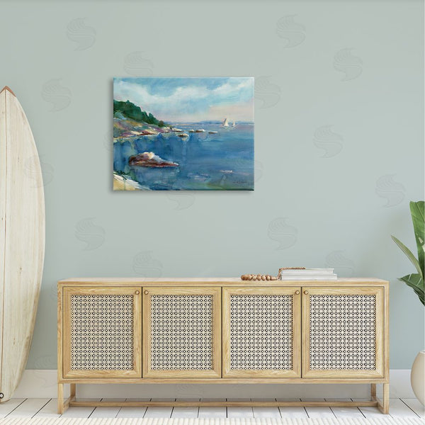 Stupell Industries Stephen Calcasola | Boats Floating Rocky Beach Cliffs Watercolor Detail Wall Art
