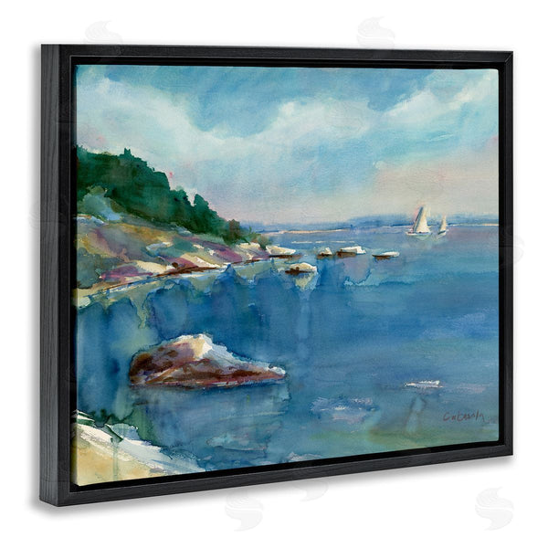 Stupell Industries Stephen Calcasola | Boats Floating Rocky Beach Cliffs Watercolor Detail Wall Art