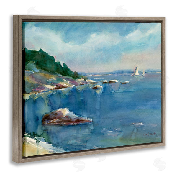 Stupell Industries Stephen Calcasola | Boats Floating Rocky Beach Cliffs Watercolor Detail Wall Art