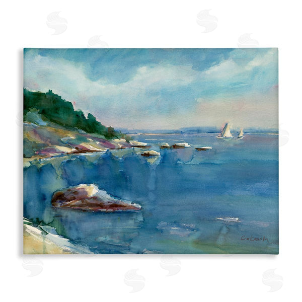 stupell industries Stephen Calcasola | Boats Floating Rocky Beach Cliffs Watercolor Detail Wall Art